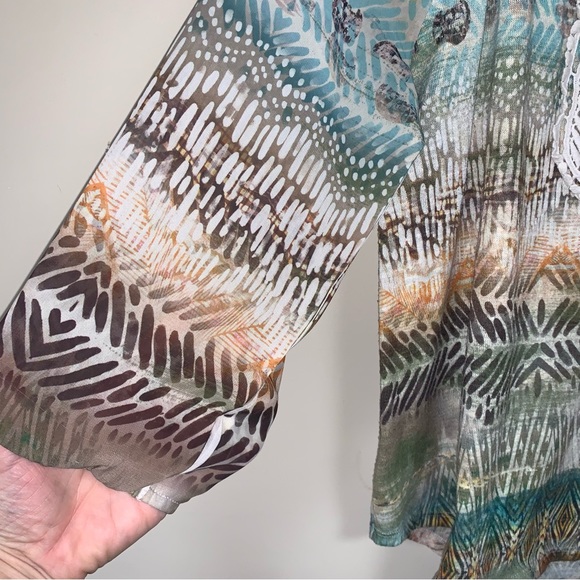 CHICOs Boho Blouse Women Medium 8 Embroidered Top Winter Neutral Natural Fall - Picture 8 of 14